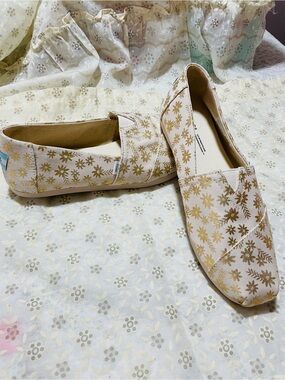 Toms Cream Slip-On Flats with Gold Floral Print